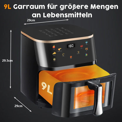 Airfryer Sans Huile 9L Grande Capacité – Cuisson Rapide, Fenêtre Transparente et 6 Programmes Automatiques
